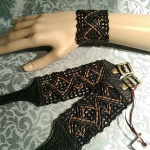 NEW wide leather and twine wrist cuff